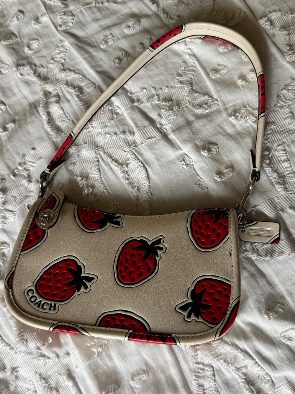 Coach Cream Leather Crossbody with Red Strawberry Print